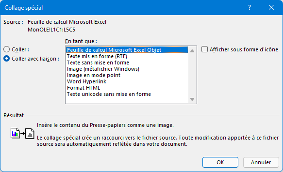 Collage spécial avec liaison en tant qu’objet Feuille de calcul Microsoft® Excel™