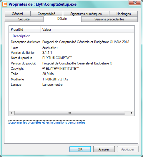 Propriétés de :ElythComptaSetup.exe - Détails