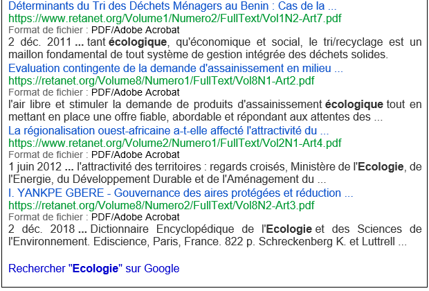 Encadré 2 : Recherche GoogleSearch avec Clé= "Ecologie"